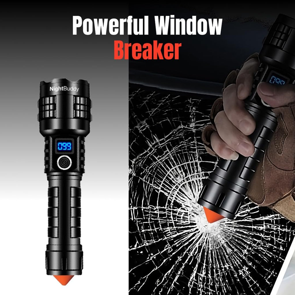 NightBuddy Powerful Rechargeable Tactical LED Flashlight 5000 High Lumens for Home Camping or Survival with Emergency Window Breaker 5 Light Modes IPX7 Waterproof Adjustable Focus USB Output