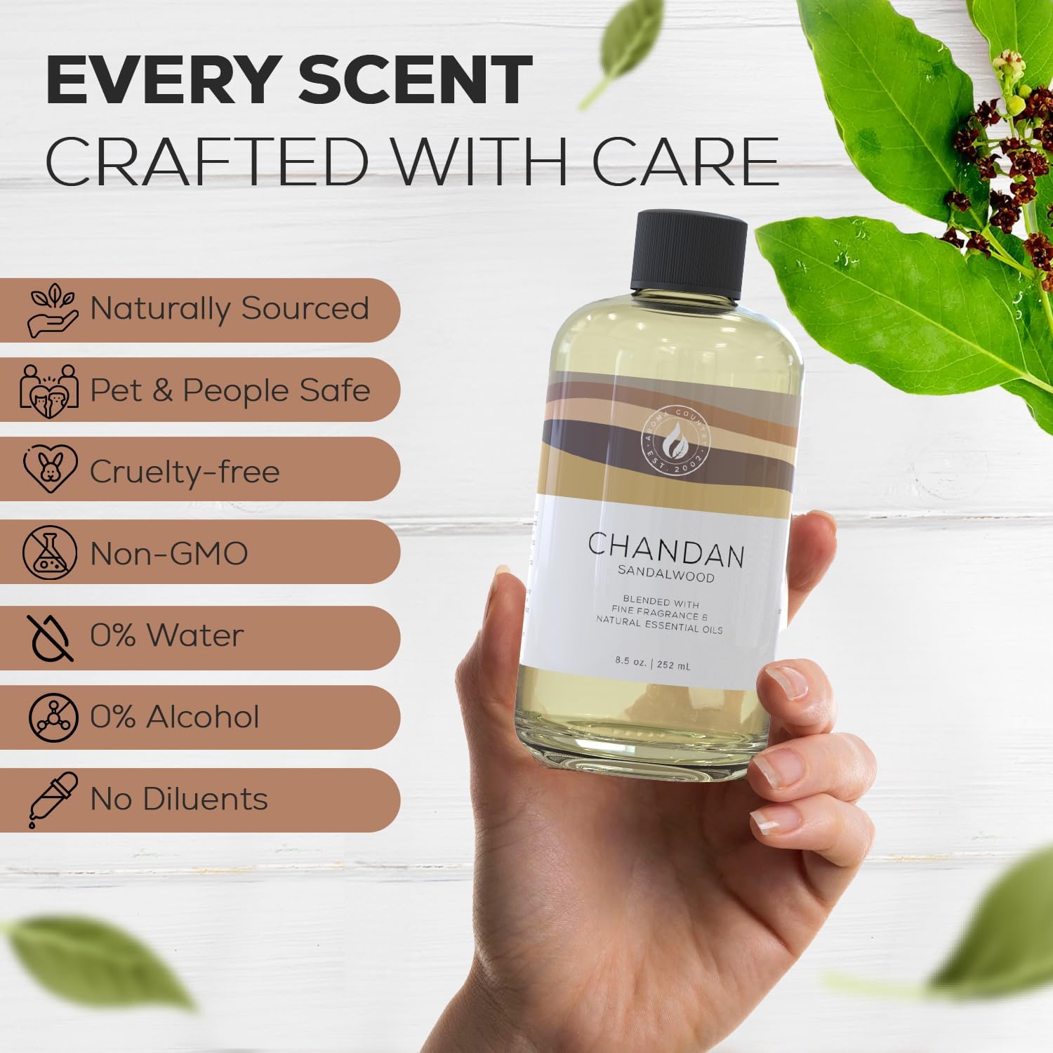 Aroma Country Chandan Diffuser Oil - Luxury Essential Oils for Diffuser Refill & Air Freshener Room Spray - Long-Lasting & Natural Home Fragrance, Sandalwood Scented Oil for Diffusers (8.5 Fl. oz)