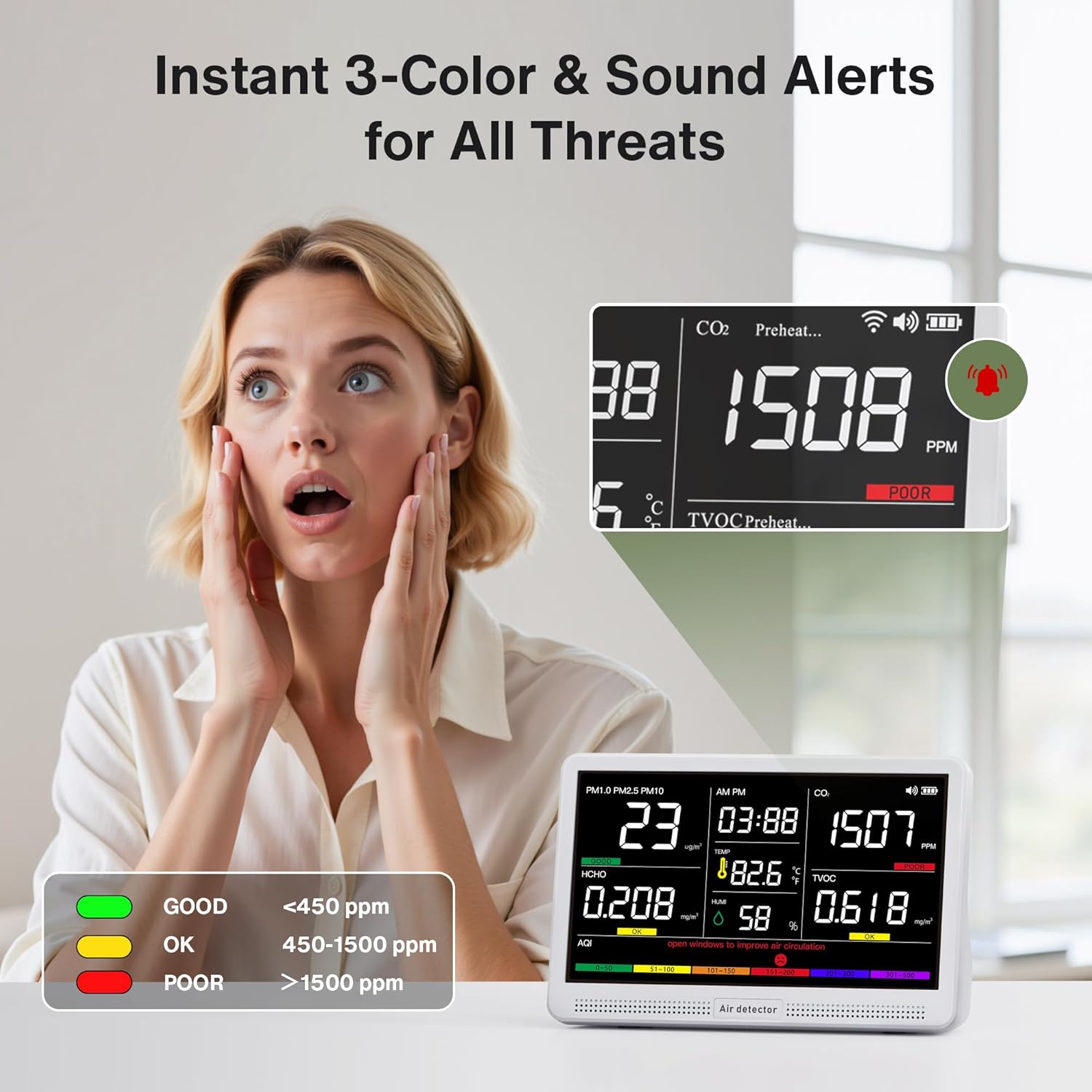 bonoch Upgrade Extended 12-Hour Battery Life 16 in 1 Air Quality Monitor Indoor with 7" Display, Professional Air Quality Meter for CO2, TVOC, PM2.5, PM1.0, PM10, HCHO, Temperature Humidity AQI & Time