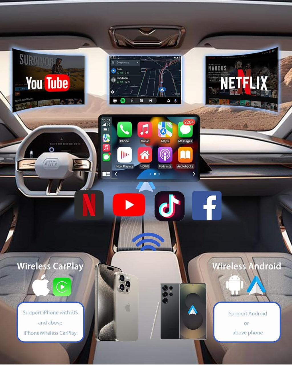 Wireless CarPlay Adapter AI Box for iPhone & Android Auto – YouTube & Netflix Support, TF Card Offline Playback, Plug and Play, Wired to Wireless Conversion, Stable 5.8GHz WiFi & Bluetooth 5.3