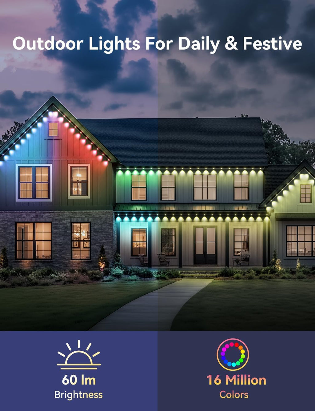 RGB+IC Permanent Outdoor Lights -Smart Eave Lights for House 200ft with 144 LED IP67 Waterproof Eternity Lighting for Daily Decor, Work with Remote, APP, Alexa, Google Assistant