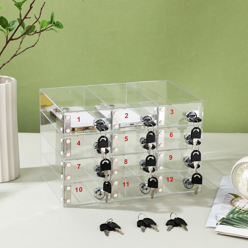 Layhit 12 Slots Cell Phone Locker Box for Classroom Clear Acrylic Cell Phone Storage Cabinet Bin with Door Locks for Classroom School Students Office Factory Employees
