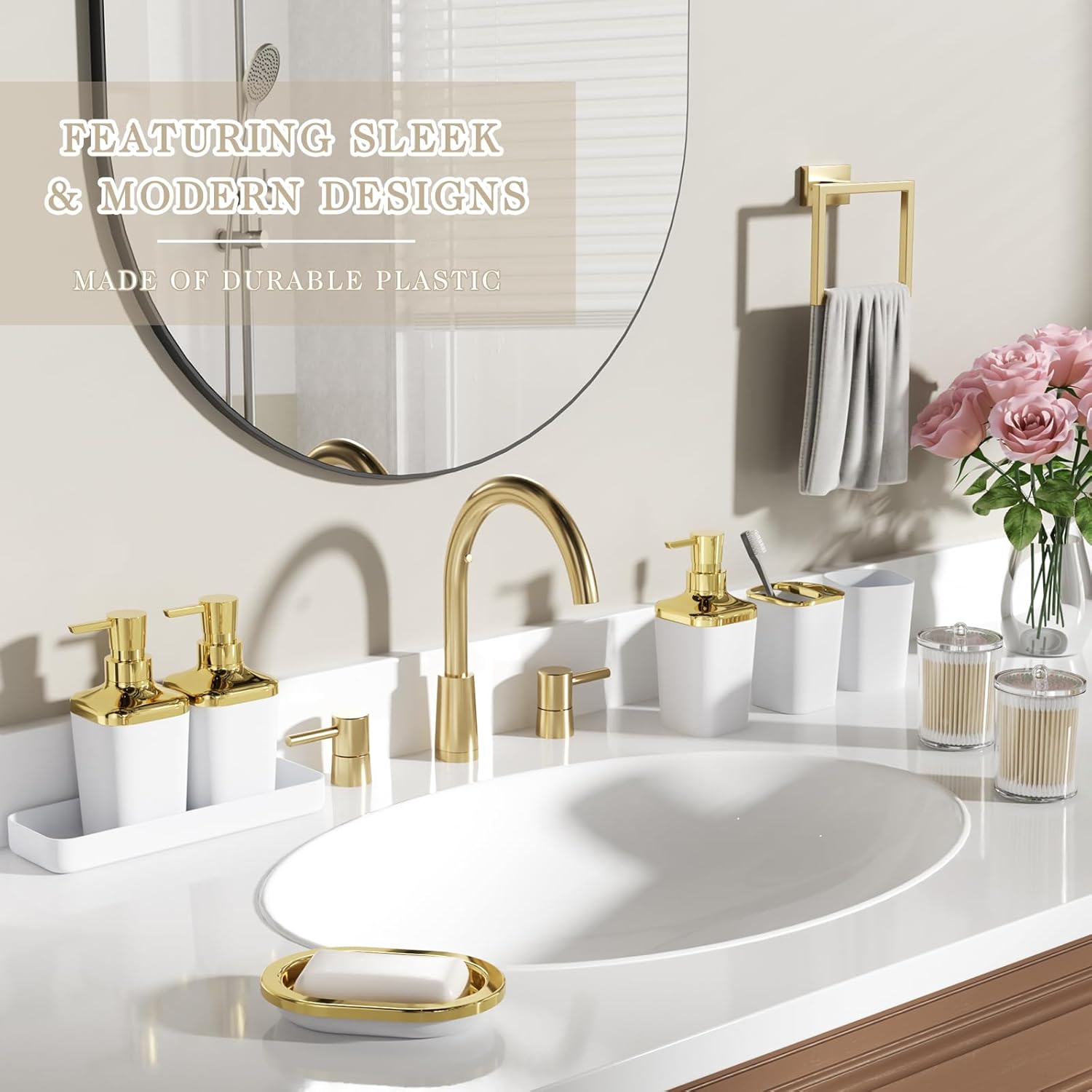 Bathroom Accessory Set, 11PC Bathroom Set, White Bathroom Accessories, Bathroom Accessories Set with Trash Can, 3PC Soap Dispensers and Toilet Brush