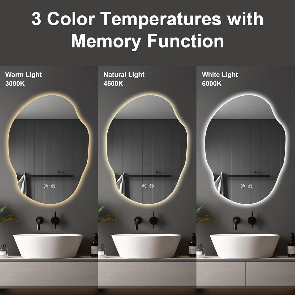 Irregular LED Bathroom Mirror with Lights,Asymmetrical Led Bathroom Vanity Mirror for Wall with Backlit, Anti Fog, 3 Colors and Dimmable Light,[Horizontal/Vertical] 30" H x 22" W