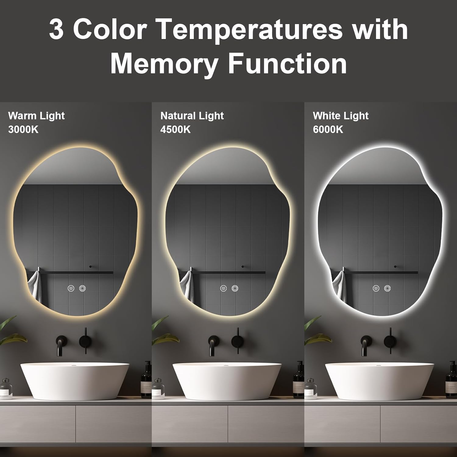 Irregular LED Bathroom Mirror with Lights,Asymmetrical Led Bathroom Vanity Mirror for Wall with Backlit, Anti Fog, 3 Colors and Dimmable Light,[Horizontal/Vertical] 30" H x 22" W
