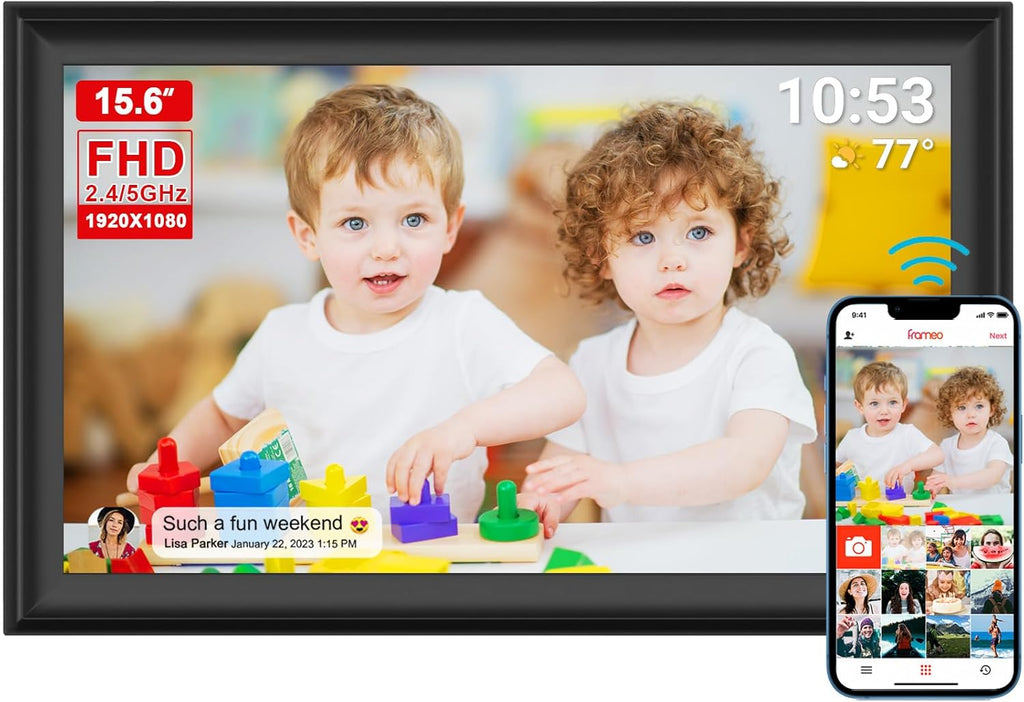 15.6inch FRAMEO Digital Photo Frame with 1920x1080 FHD IPS LCD Touch Screen, Dual-WiFi Share Photos & Videos Via Frameo App, Support USB Drive/SD Card Extend Storage, Motion Sensor, Auto-Rotate