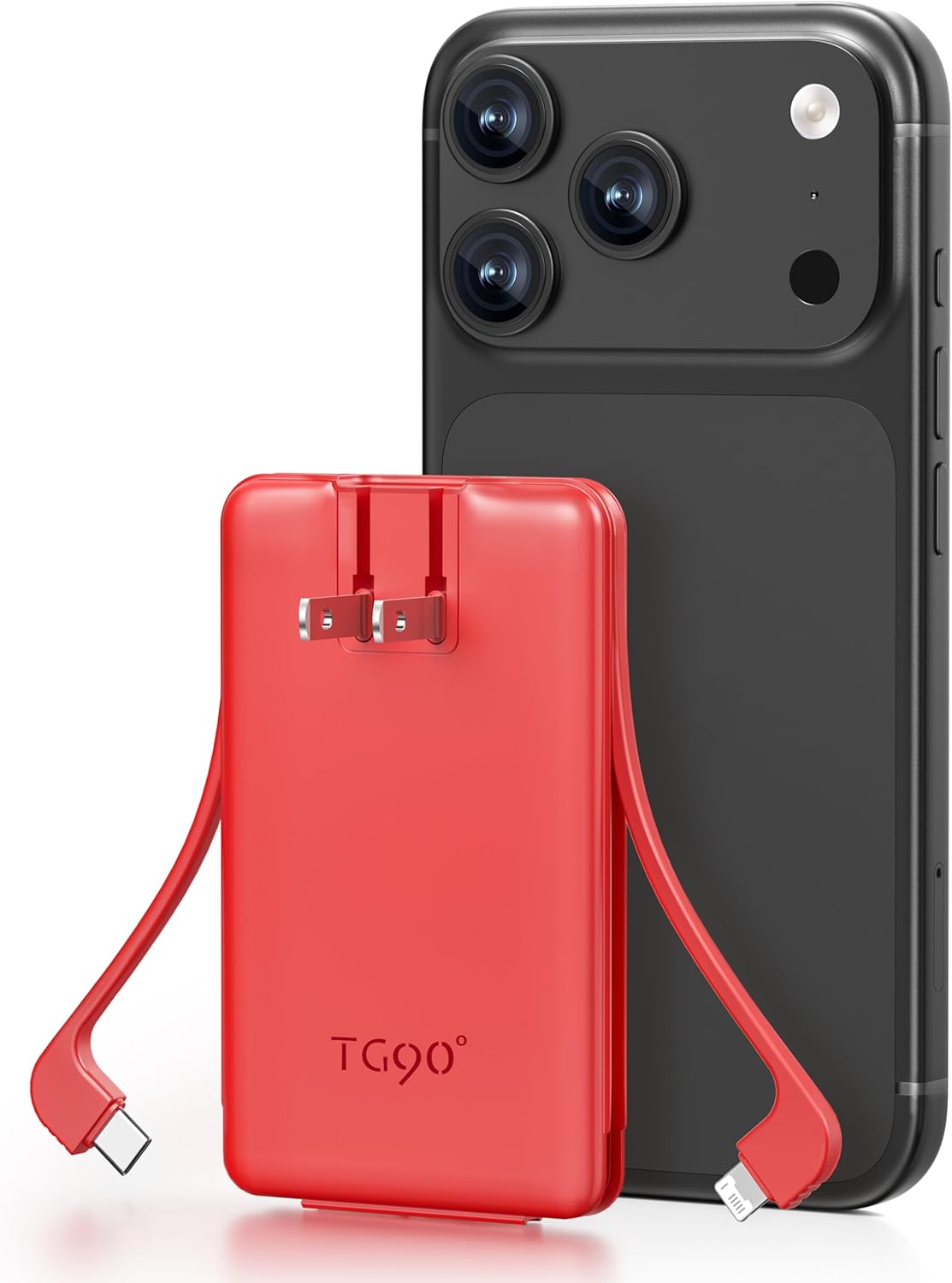TG90° 5000mAh Mini Power Bank Built-in AC Wall Plug and Cables, Pocket Size USB C Portable Charger, External Battery Pack Compatible with iPhone 17 16 15 14 13 12 11 Samsung S22 S21 Google iPad