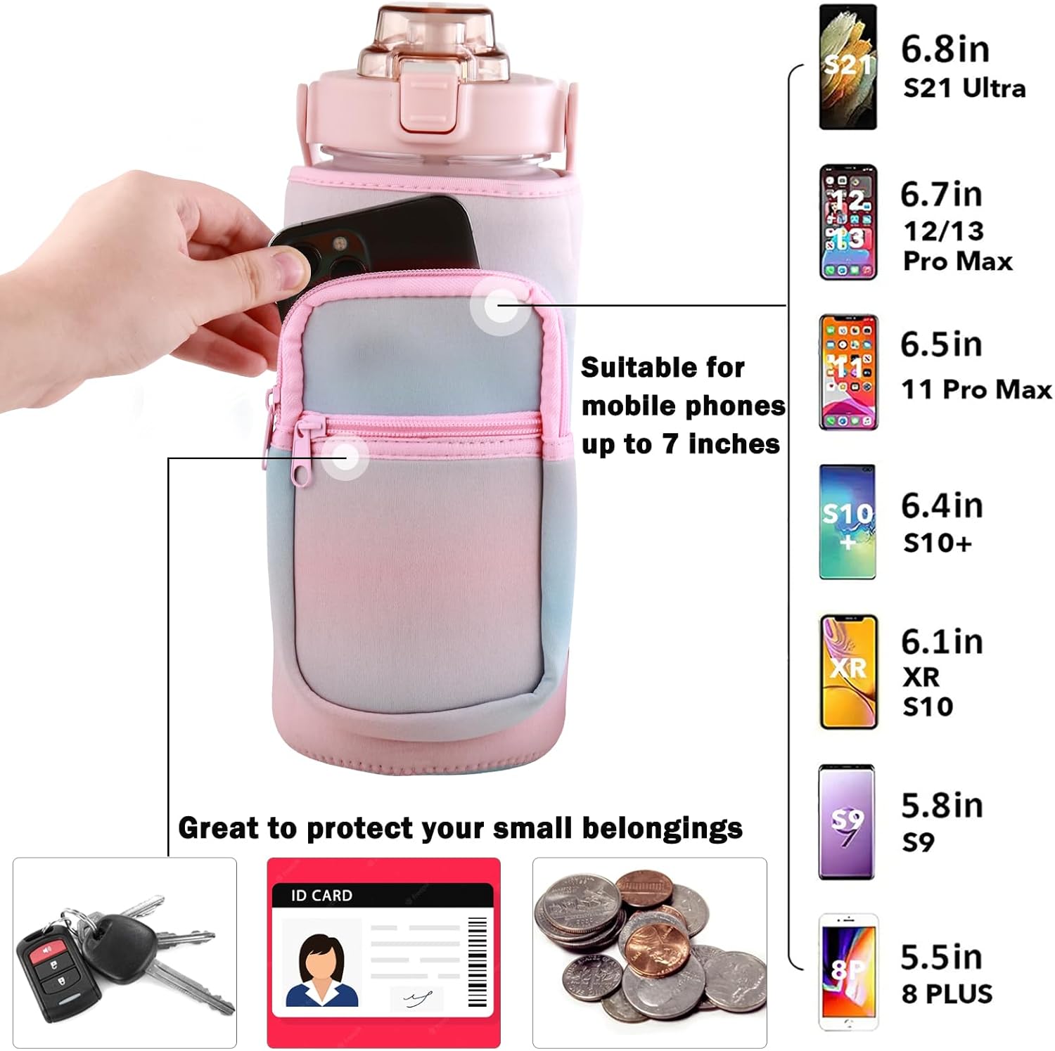 Half Gallon Water Bottle with Sleeve & Strap 64 OZ Motivational Water Bottles with Straw Large Wide Mouth Water Jug with Time Marker for Fitness, Gym and Outdoor Sports, Leak-proof & BPA Free,