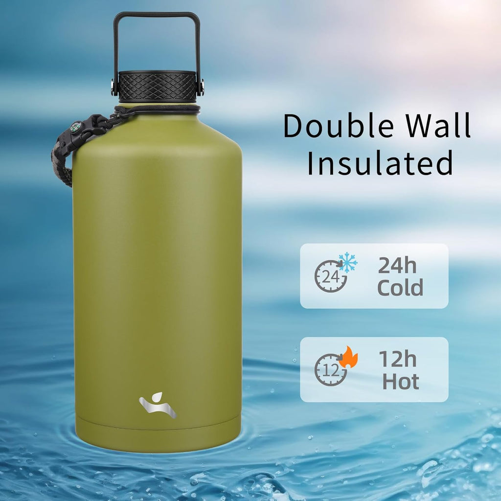 Gallon Insulated Water Bottle with Straw,128 oz 3 Lids Water Jug with Carrying Bag,Paracord Handle, Double Wall Vacuum Stainless Steel Metal Flask,Forest Green