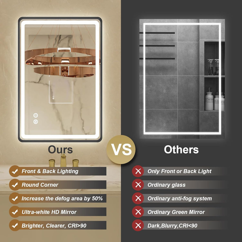 20"x 28" LED Bathroom Mirror with Black Framed, Front and Backlit, Lighted Bathroom Mirror for Wall with Stepless Dimmable, Anti-Fog, Memory, 3 Colors, Round Corner LED Vanity Mirror with Lights