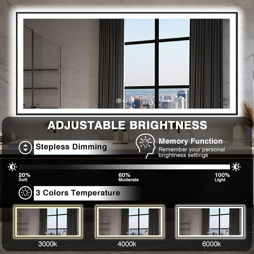 Large 84x40 Light Up Bathroom Mirror -Black Aluminum Edge (Front and Backlit), Anti-Fog Vanity Mirror with Lights,Stepless 3 Colors Dimmable Lighted Mirror(Horizontal/Vertical)