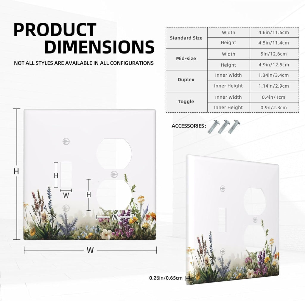 Outlet Covers White Background Colorful Flowers Plants Green Leaves 1 Toggle 1 Duplex Switch Plate Covers Electrical Light Switch Cover Plate Decorative Wall Plate Socket Cover for Bedroom Home Decor