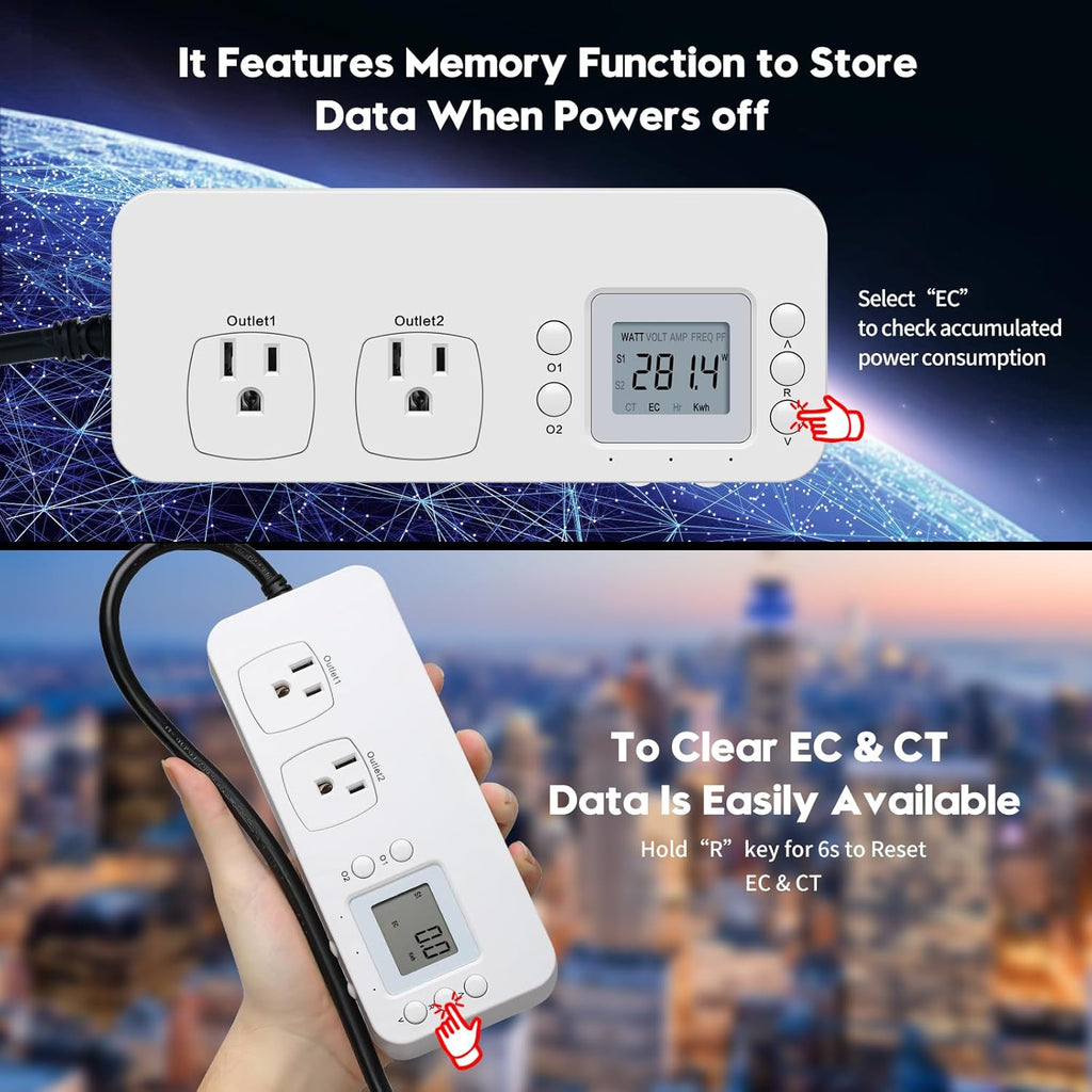 Electricity Usage Monitor, Briidea Power Consumption Watt Voltage Amp Meter Tester with 2 Outlets Electricity Analyzer Monitoring Device for Energy Saving, White