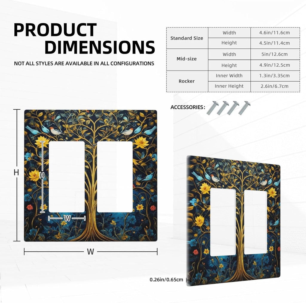 Gold Tree With Birds Flowers on Branches Dual Outlet Covers Wall Plate 2 Gang Rocker Decora Decorative Switchplate Electrical Faceplate GFCI Light Switch Covers for Farmhouse Living Decor
