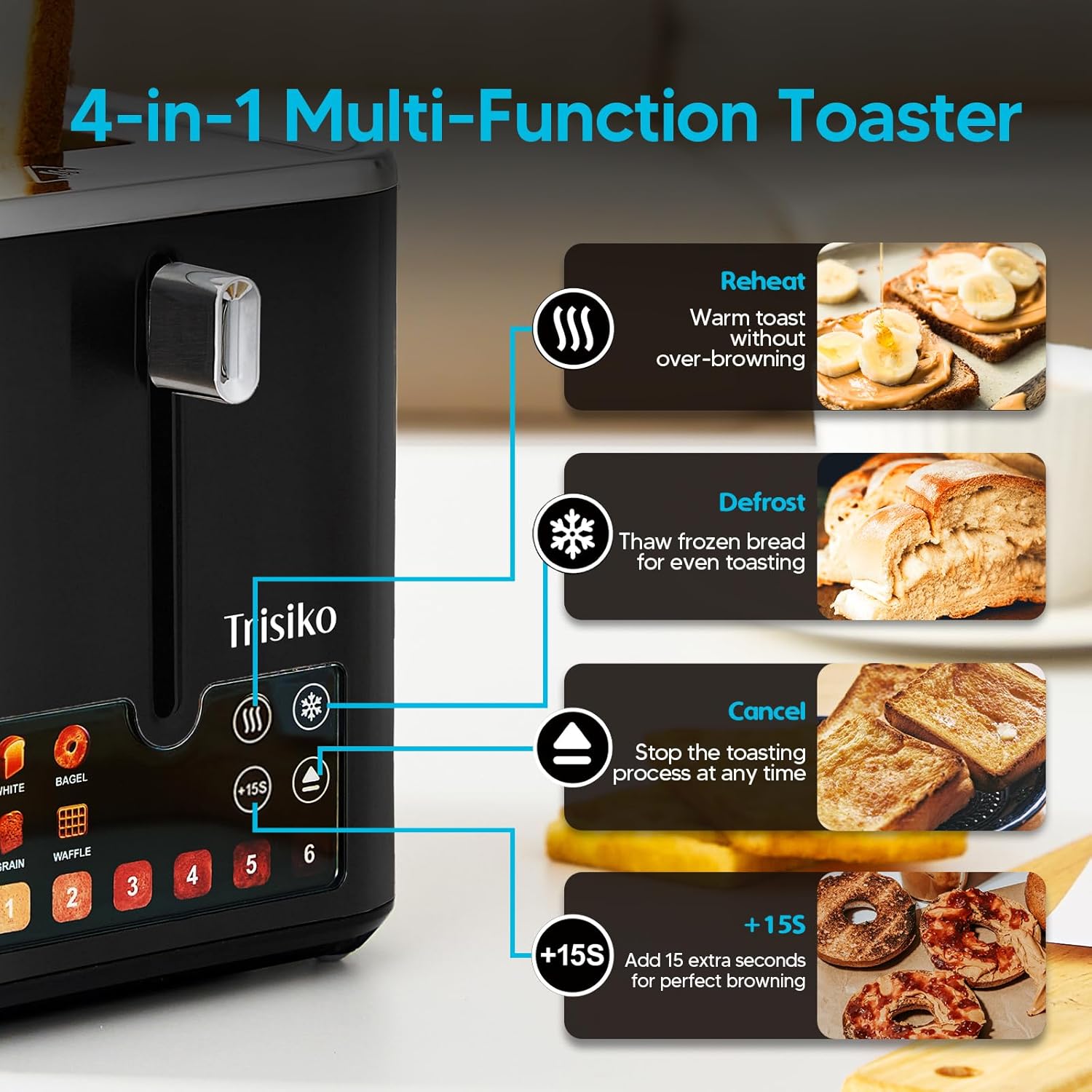 Trisiko® Touch Screen Toaster 2 Slice,Smart Toaster with Digital Timer, 1.38" Extra-Wide Slots for Bread& Bagel,with Reheat, Defrost, Cancel, +15s Boost, Great for Home, Office, Dorm (Black)