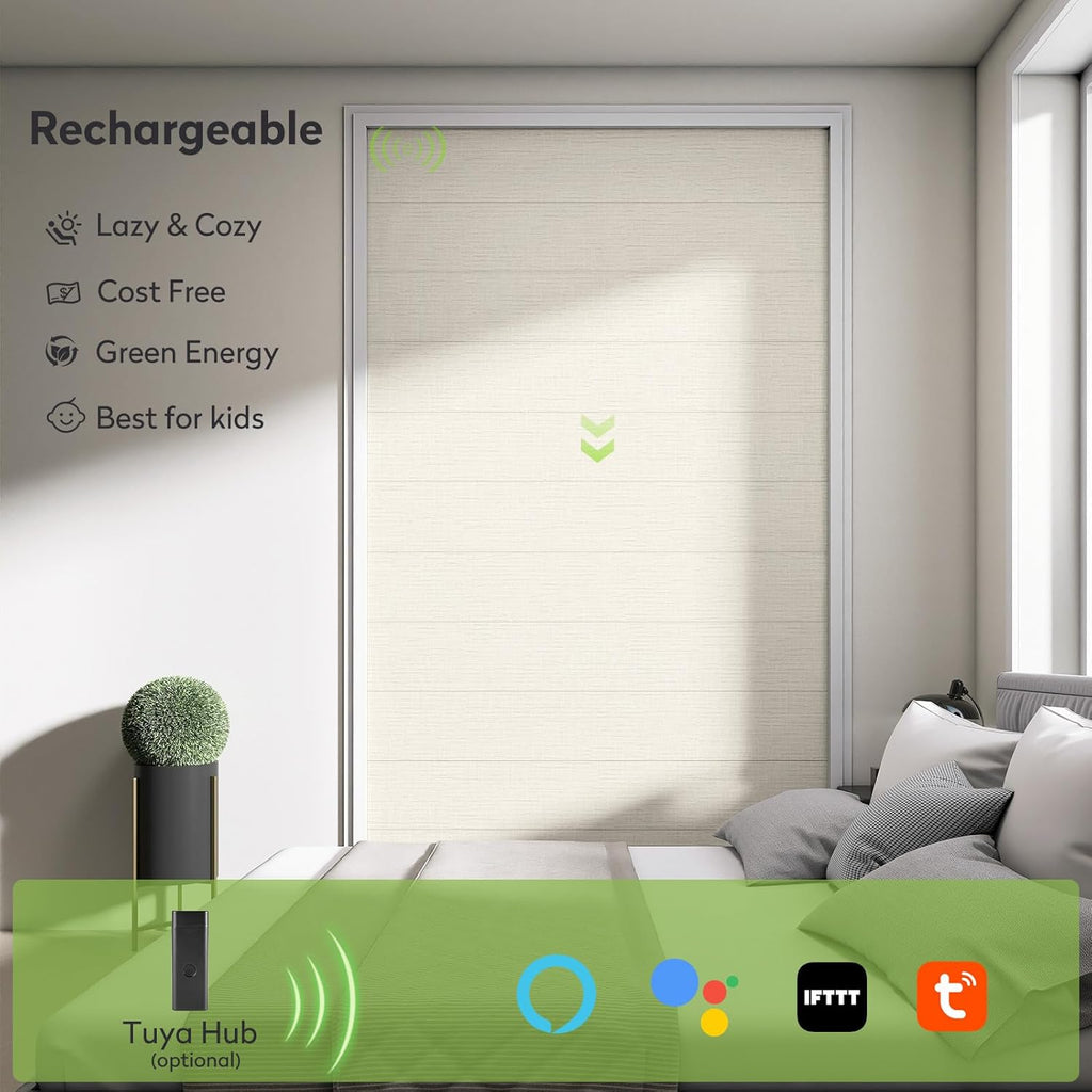 ZSTARR Smart Roman Shades Rechargeable Motorized Blinds with Remote Full Blackout Roman Window Shades Plain Fold Soft for Doors Bedroom, Custom Size (Beige)