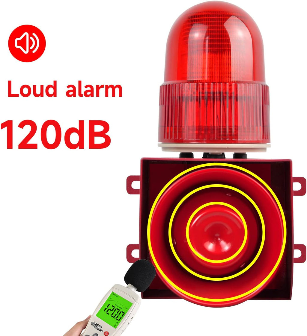 Motion Sensor Alarm Siren Waterproof 25 Watts LED Strobe Sirens with 120dB Volume Horn 12 Tones Adjustable for Warhouse, Factory and School AC380V SLA-01W