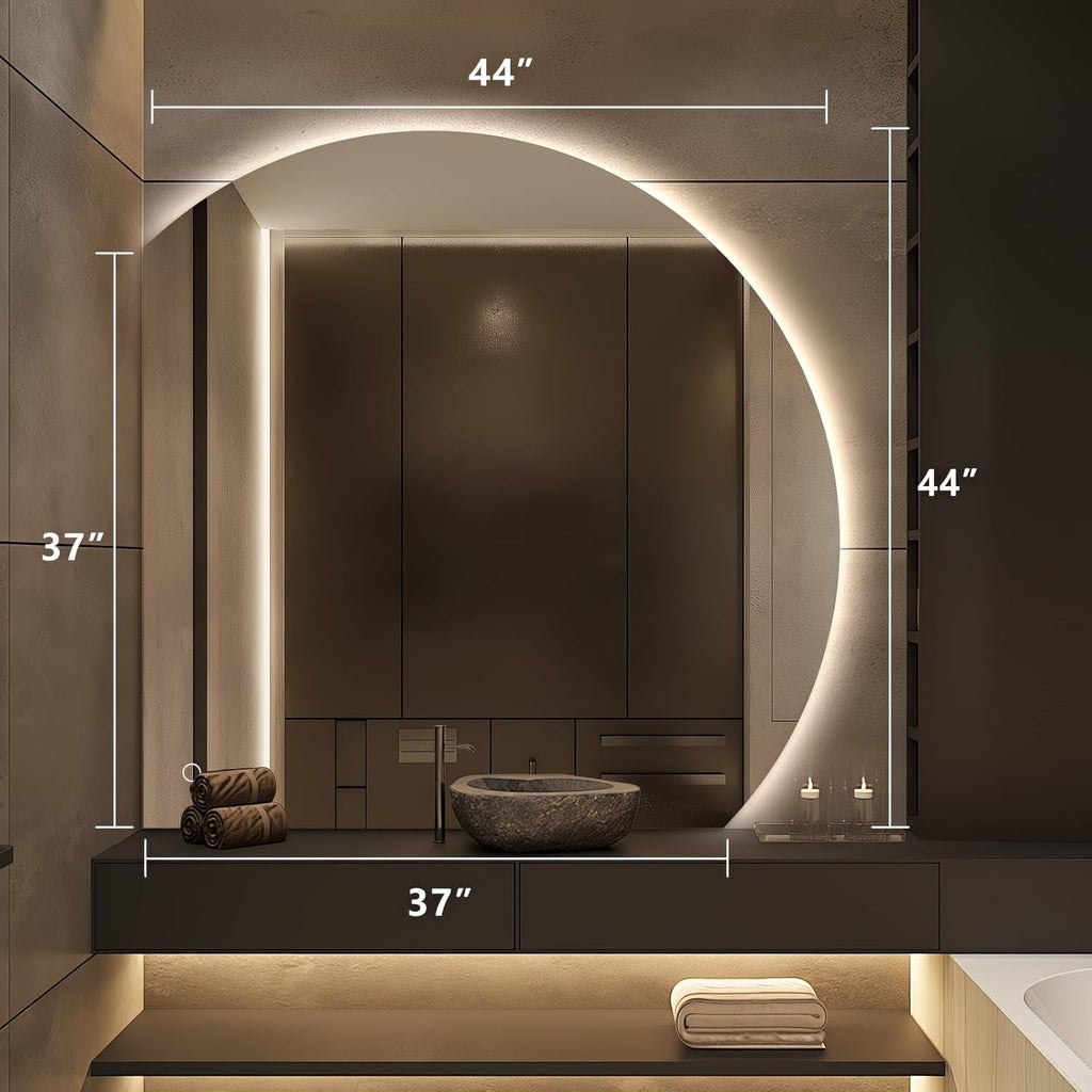 Niccy Half Moon LED Mirror for Bathroom, 44" Semi Backlit Mirrors Frameless Makeup Mirror with Light, Anti-Fog, Shatter-Proof, 3 Colors, Smart Vanity Mirrors