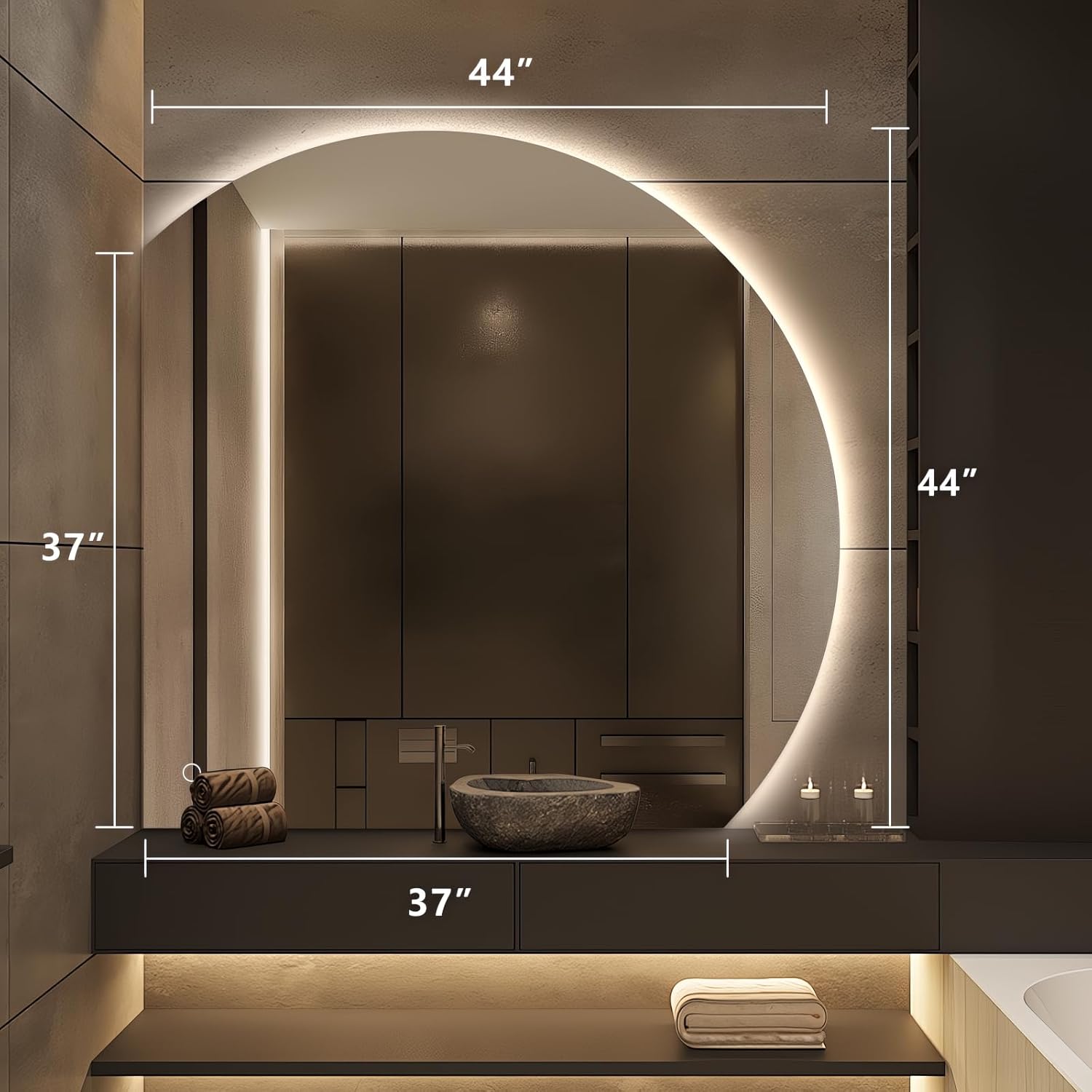 Niccy Half Moon LED Mirror for Bathroom, 44" Semi Backlit Mirrors Frameless Makeup Mirror with Light, Anti-Fog, Shatter-Proof, 3 Colors, Smart Vanity Mirrors
