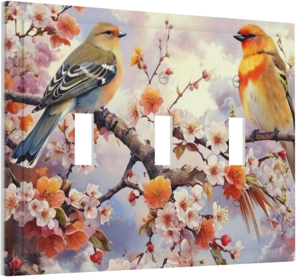 Birds Sitting on Flowers Tree Branch Light Switch Covers 3 Gang Triple Toggle Wall Plate Decorative Switch plate Electrical Faceplate for Farmhouse Living Decor