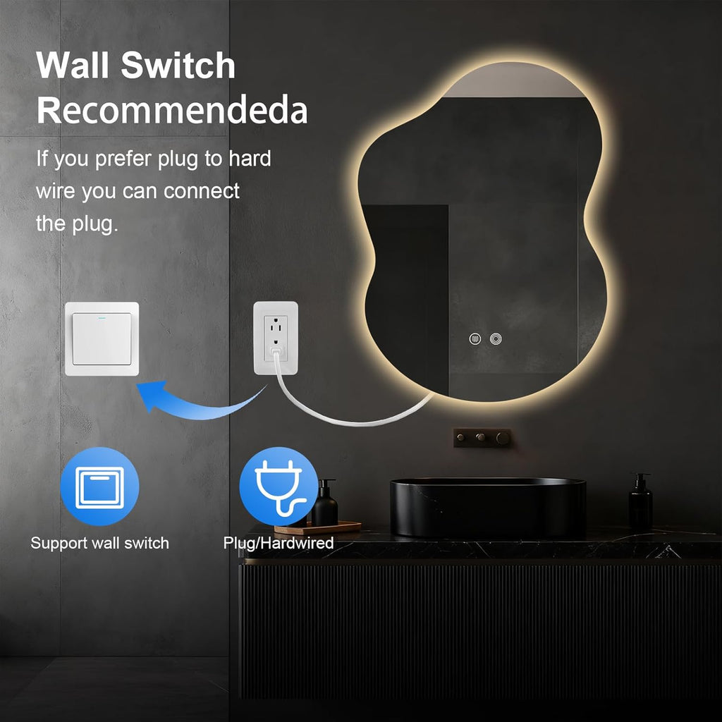 Asymmetrical Lighted Mirror for Bathroom,Modern LED Vanity Mirror with Backlit,Fog-Free,Tri-Color Dimmable Lighting with Memory Function,Hardwire Ready [Horizontal/Vertical] 30" H x 22" W