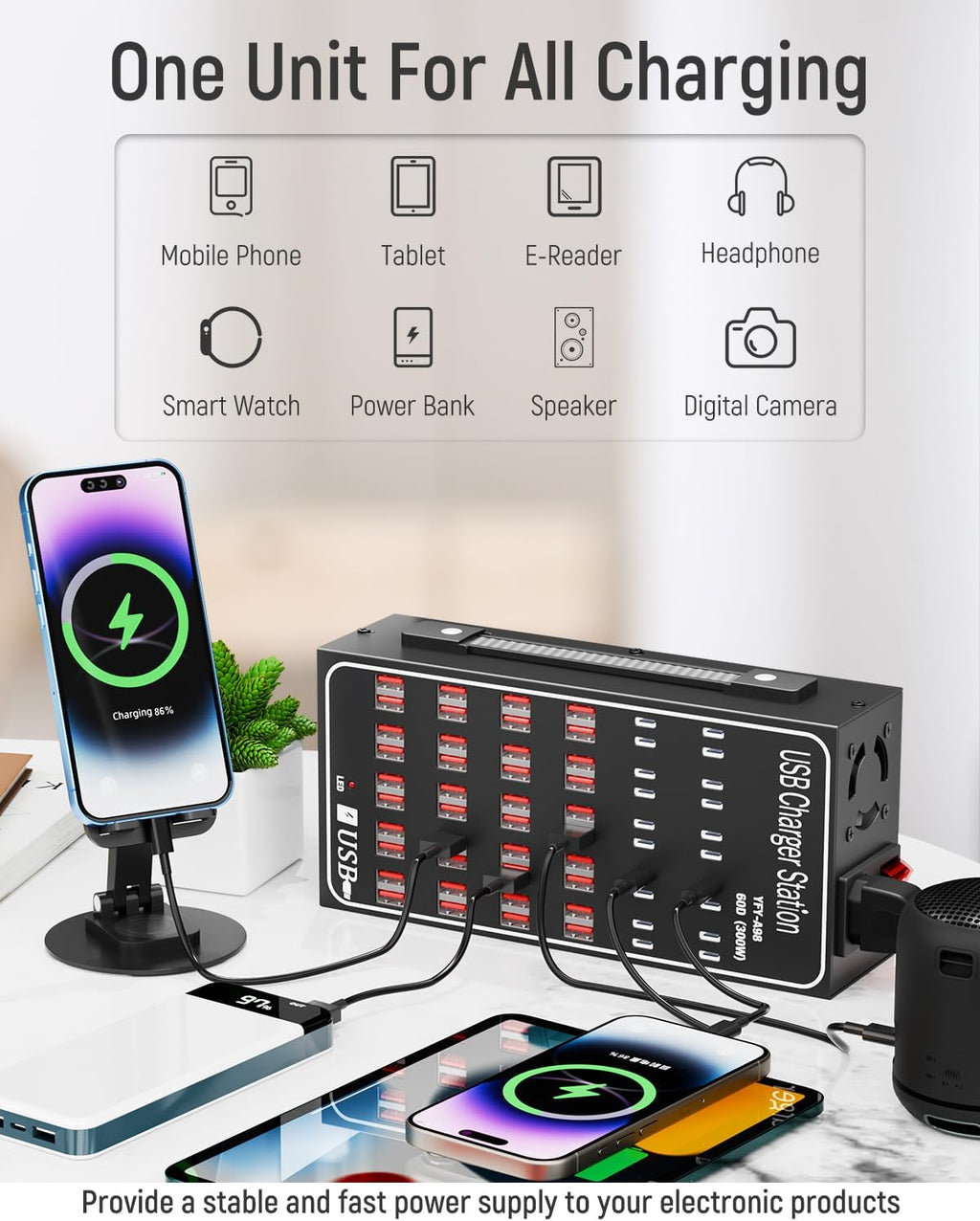 60 Port 300W(60A) USB Charging Station, Multi USB C Charger Station Block with Intelligent Protection, Desktop Charging Station for Multiple Devices, Suitable for Schools, Hotels, Shops and Malls