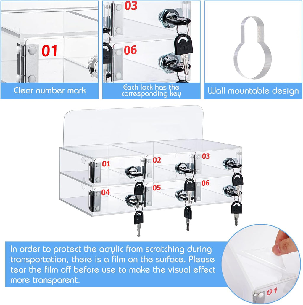 Threan Cell Phone Locker Box for Classroom with Door Locks and Keys Clear Acrylic Phone Jail Storage Cabinet Wall Mounted for School Factory Office(6 Slot)