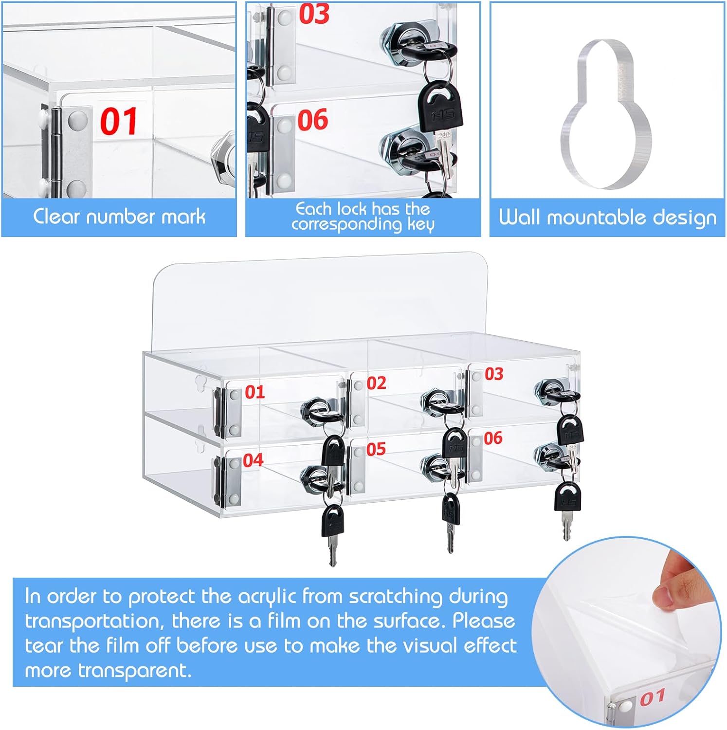 Threan Cell Phone Locker Box for Classroom with Door Locks and Keys Clear Acrylic Phone Jail Storage Cabinet Wall Mounted for School Factory Office(6 Slot)