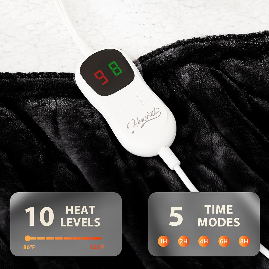 Homemate Electric Heated Blanket Full Size - 72"x84" Heated Bed Blanket Throw with 10 Heating Levels 8 Hours Auto Off Fast Heating Over-Heat Protection-Ultra Soft Flannel ETL Certified, Black