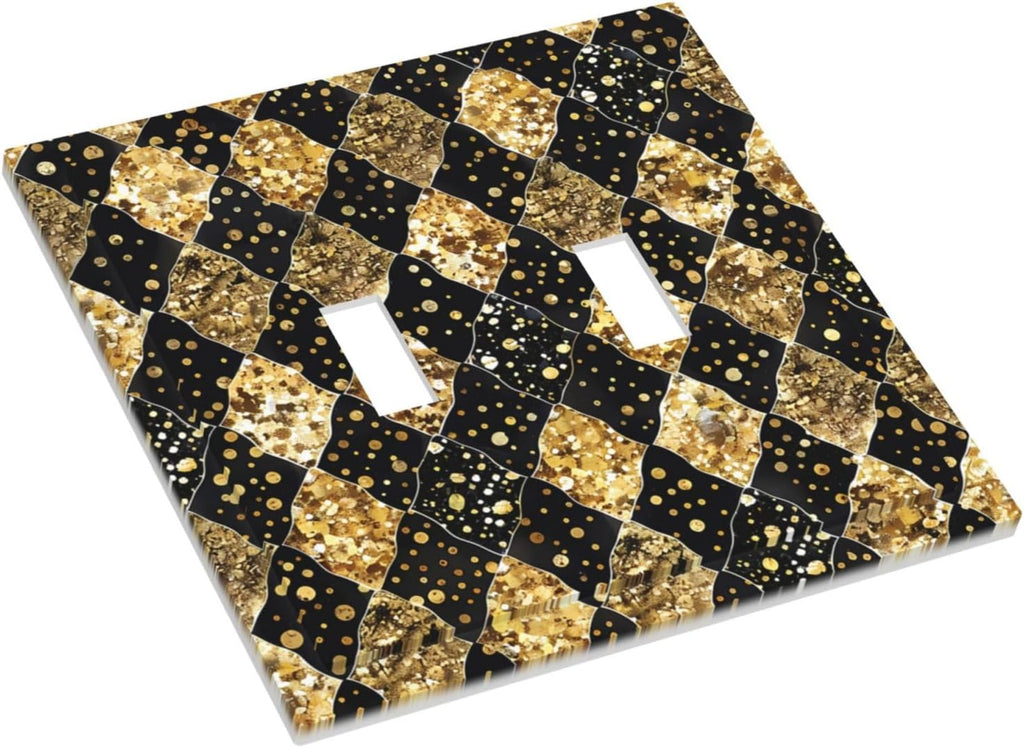 Gold Black Marble Geometric Plaid Glitter Decorative Switch Plates 2 Gang Double Toggle Outlet Light Switch Cover Wall Plate Electrical Faceplate for Bedroom Bathroom Decor