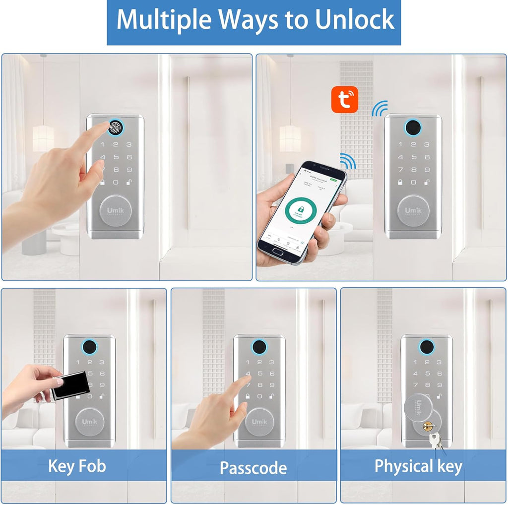Fingerprint Door Lock with Handle Set, Keyless Entry Smart Door Lock, Electronic Keypad Deadbolt Locks, App Control for Front Door, Home (Matte Silver in Zinc)