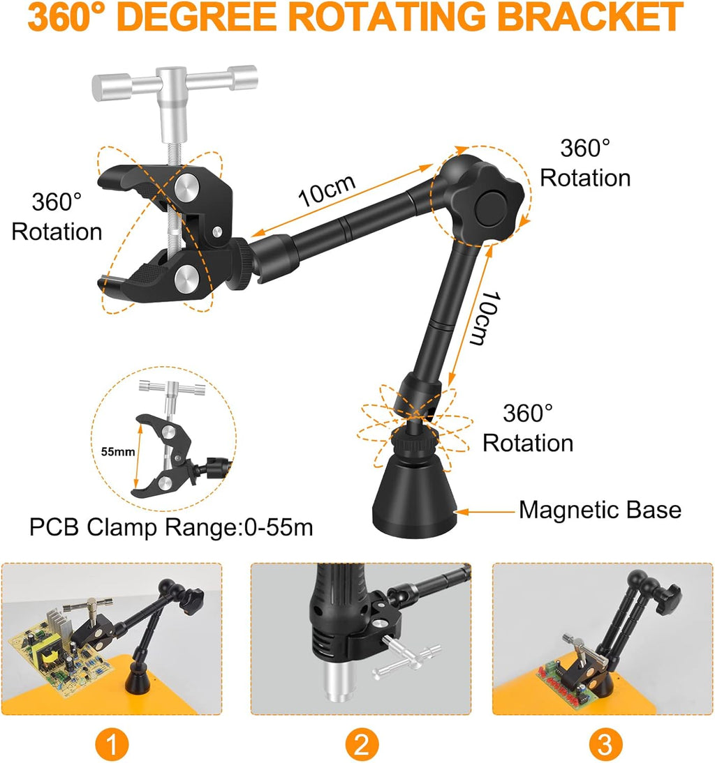 Magnetic Helping Hands Soldering Third Hand with 3X & 6X LED Magnifying Lamp, Hot Air Gun Holder,12V Solder Fume Extractor, Extra Large & Heavy Duty Base, Four Arms Solder Station for Soldering PCB