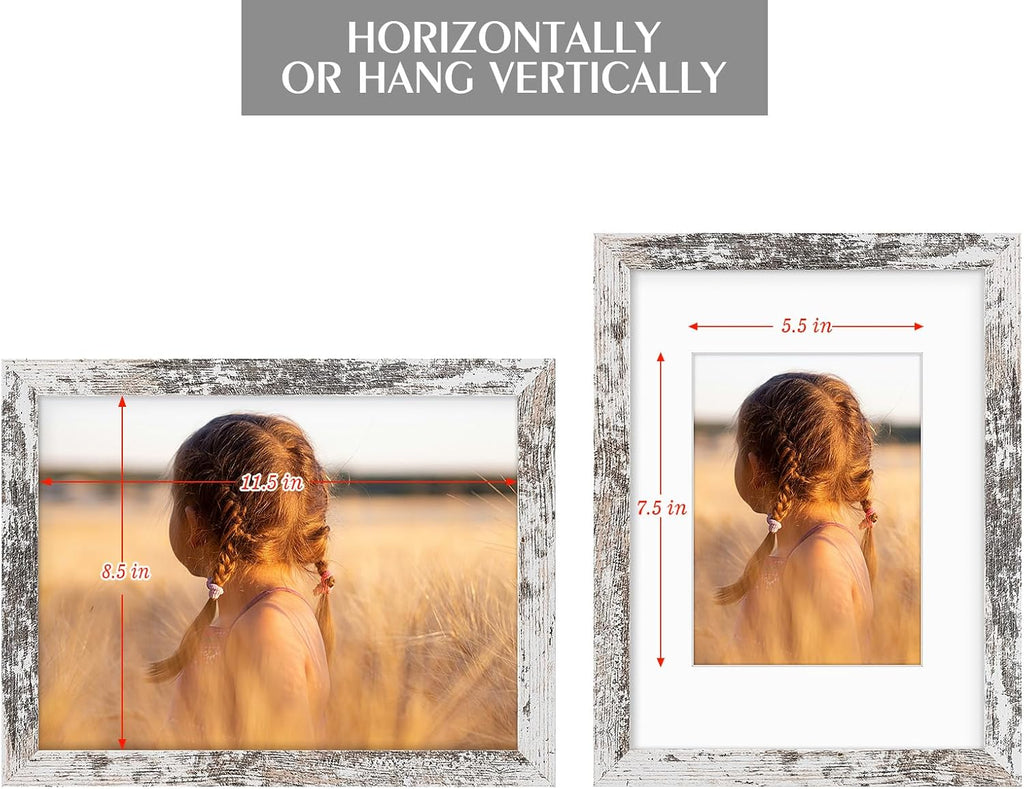 Golden State Art, 9x12 Picture Frame with Mat for 6x8 - High Definition Glass Wall Mounting Horizontal Vertical Display (Weathered White, 2 Pack)