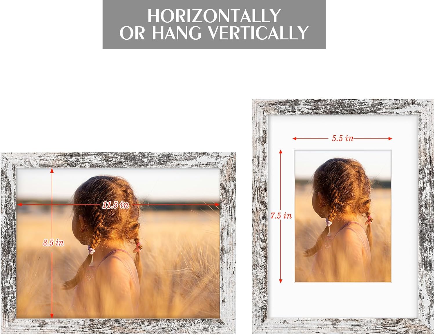 Golden State Art, 9x12 Picture Frame with Mat for 6x8 - High Definition Glass Wall Mounting Horizontal Vertical Display (Weathered White, 1 Pack)