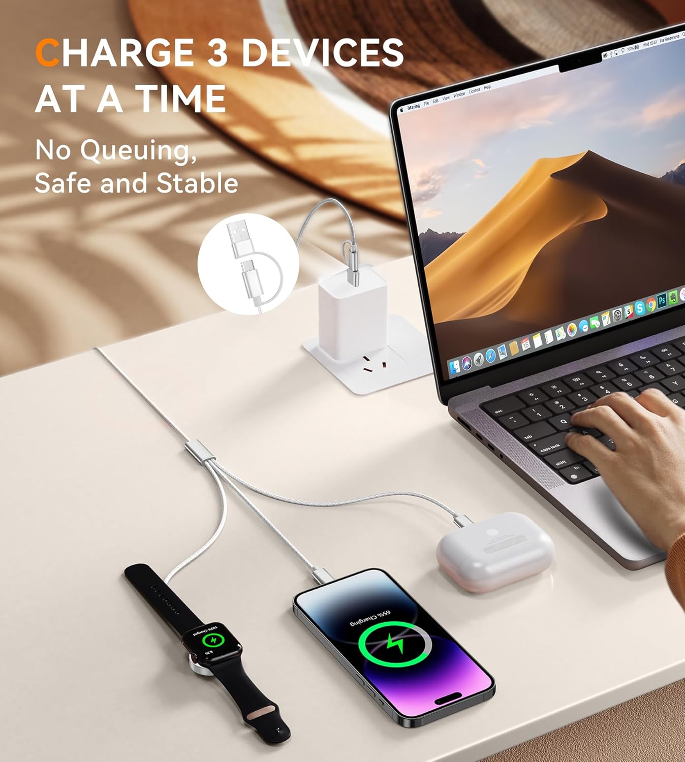 Temdan 2Pack for Apple Watch Charger, 3 in 2 Multi Charging Cable, iPhone Charger, USB A/Type C/Lightning Cable, Portable Travel Essentials Designed for iWatch Ultra/SE/11-1 & iPhone 17-12/ iPad-5Ft
