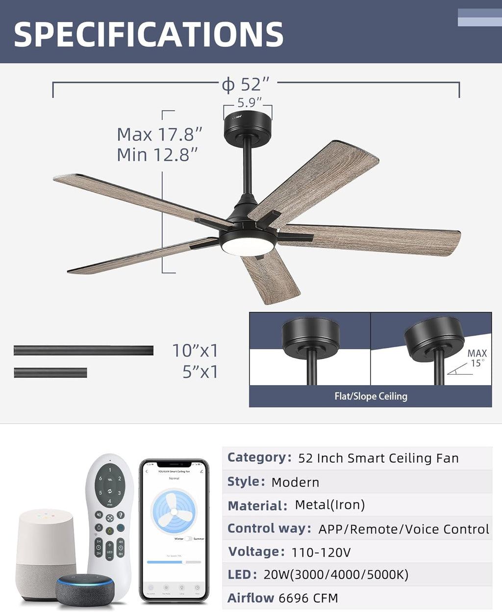 YOUKAIN 52 Inch Ceiling Fans with Lights, Black Ceiling Fan, Smart Fan Remote & APP Control, Reversible Blades, LED Ceiling Fan for Living Room, Bedroom, 52-YJ812-BK