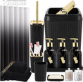 32PCS Black Bathroom Accessories Bathroom Set,Black Shower Curtain, Bath Towel Set,Hand Towel,Toilet Brush,Trash Can & 3PCS Soap Dispensera