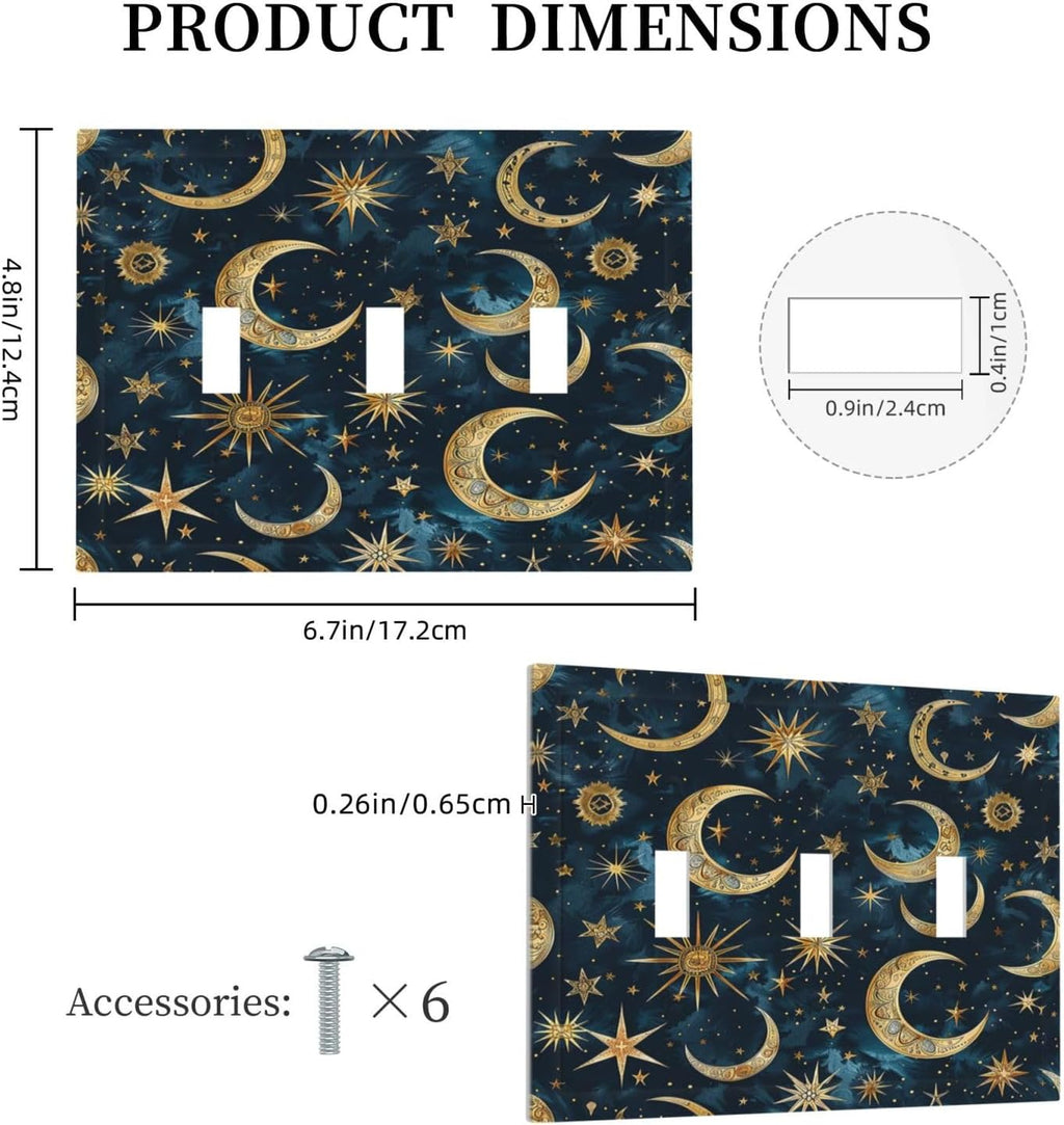 Decorative Switch Plates Modern Abstract Sky Blue Gold Moon Sun Star 3 Gang Wall Plate Triple Toggle Light Switch Cover Faceplate Electrical Wall Panels for Bedroom Kids room Decor