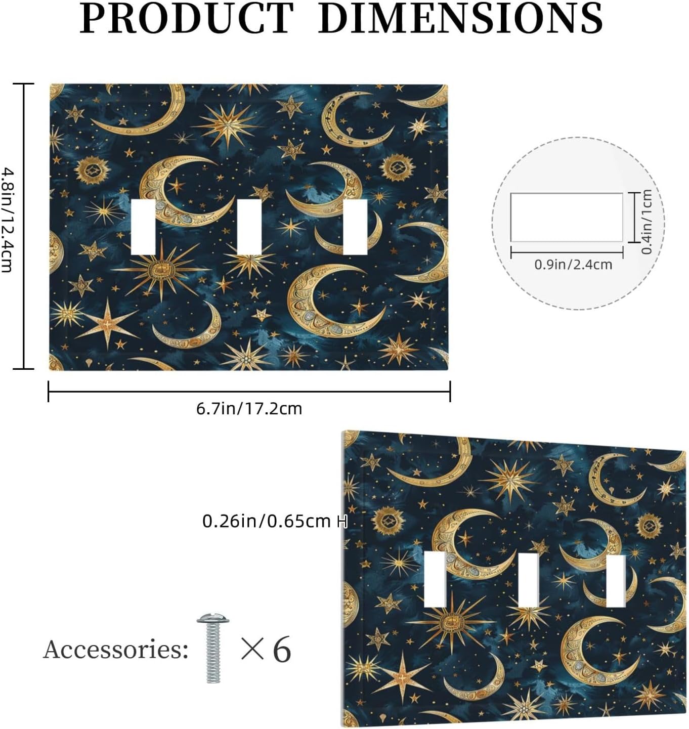 Decorative Switch Plates Modern Abstract Sky Blue Gold Moon Sun Star 3 Gang Wall Plate Triple Toggle Light Switch Cover Faceplate Electrical Wall Panels for Bedroom Kids room Decor