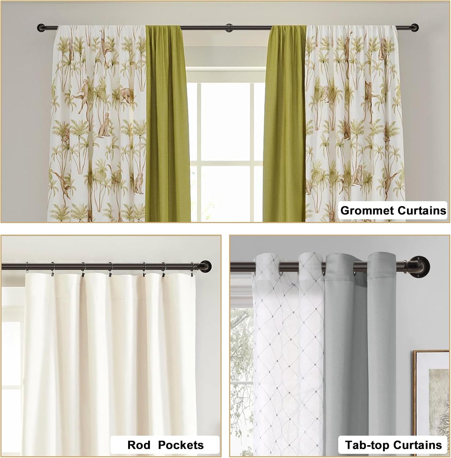Brown Curtain Rods 18 to 88 Inch, Industrial Curtain Rods,Adjustable Length,1 in Diameter Pipe,Wall or Ceiling Mounted,for Bedroom and Living Room(Antique Bronze 18” to 88”)