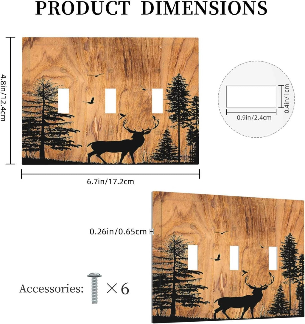 Decorative Switch Plates Rustic Farmhouse Orange Brown Pine Tree Deer Wood Grain 3 Gang Wall Plate Triple Toggle Light Switch Cover Faceplate Electrical Wall Panels for living Room Decor