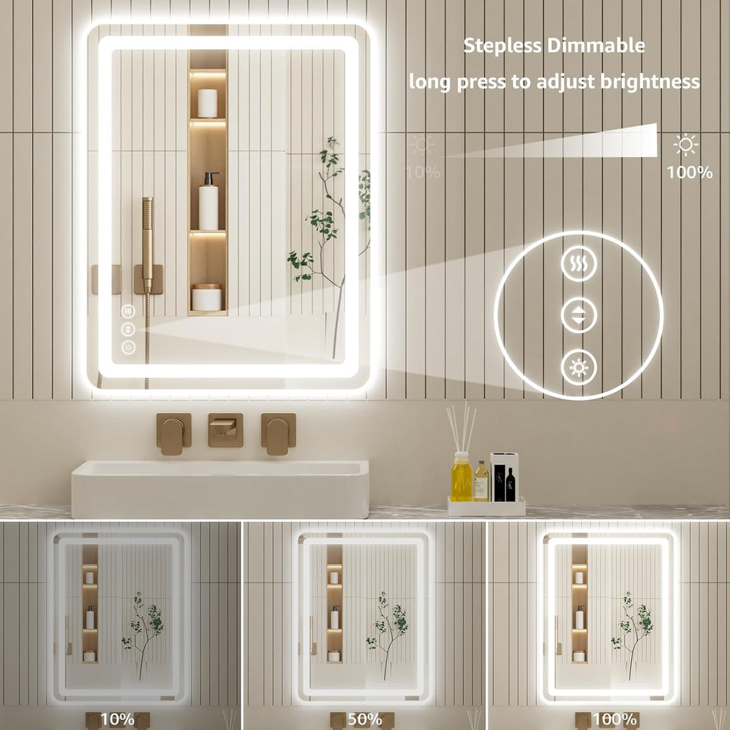 20"L x 28"W Led Bathroom Mirror with Lights, Anti-Fog & Tri-Color Lighting - Wall Mounted Shaving Mirror with Touch Sensor, Waterproof & Smart LED Vanity Mirror,Tempered Glass, Dimmable Smart Mirror