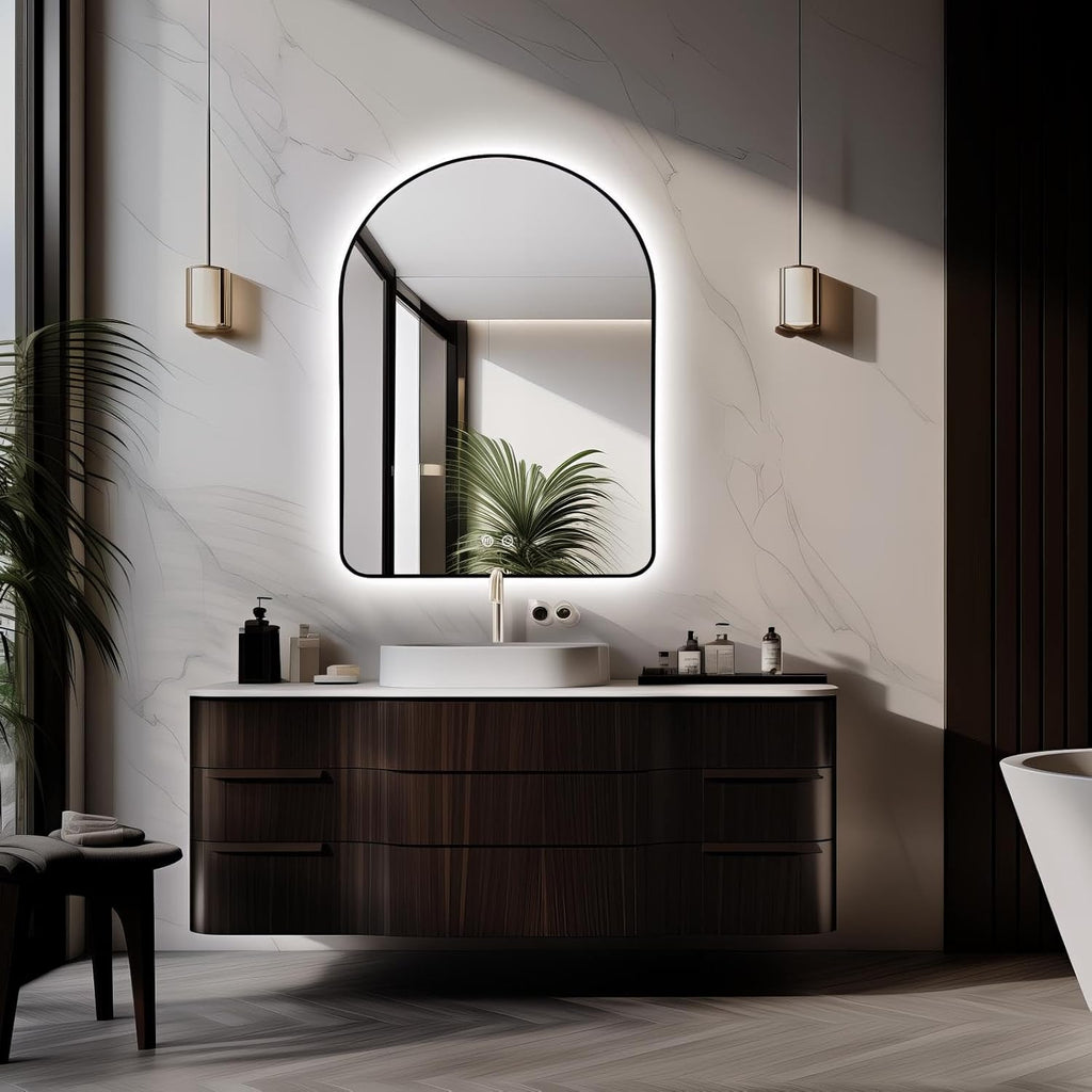 Niccy Arched LED Lighted Bathroom Mirror, 40x30 Inch Backlit Vanity Bathroom Mirror with Lights Brushed Black Framed Wall Mounted Mirrors with 3 Color Shatterproof Arch Smart Fog Free Mirror