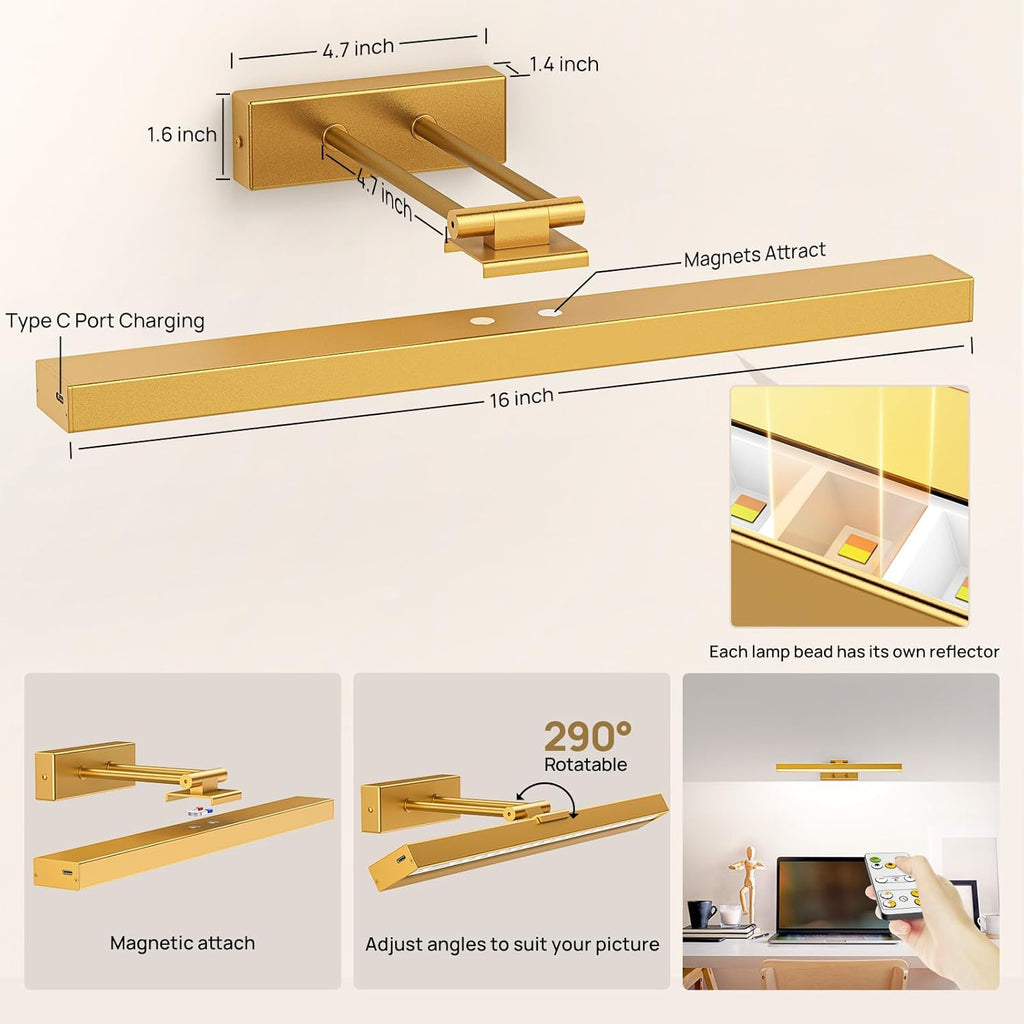 PESUTEN 2PCS Picture Light Battery Operated, 16in Wireless Art Light for Paintings CCT Dimmable Recharging Battery Picture Light with Remote Control for Gallery Dartboard Bedroom Bathroom Gold