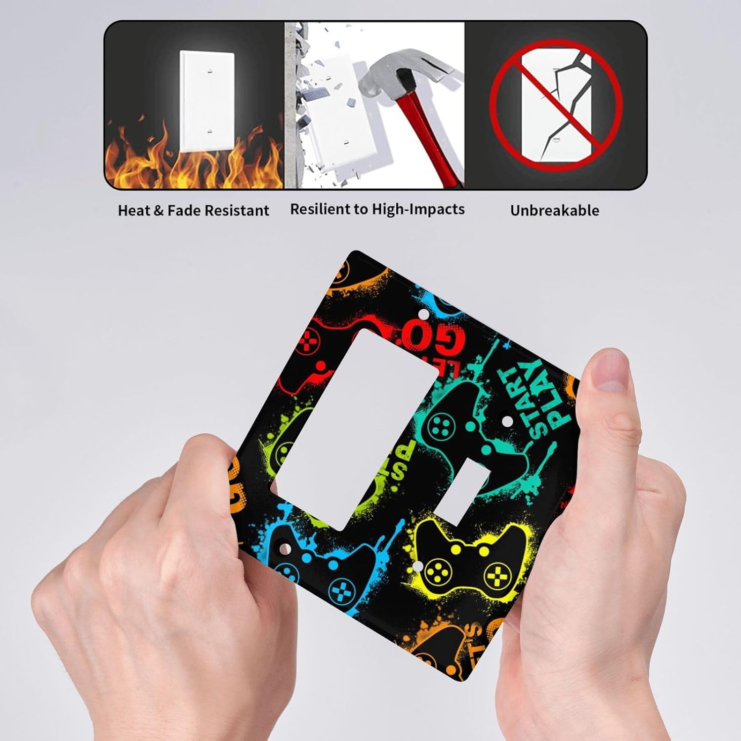 Decorative Outlet Covers Gamepad Theme Graffiti 2 Gang Wall Plate Single Toggle 1 Rocker Light Switch Cover Switch Plate Covers Faceplate for Game Room Bedroom Home Decor