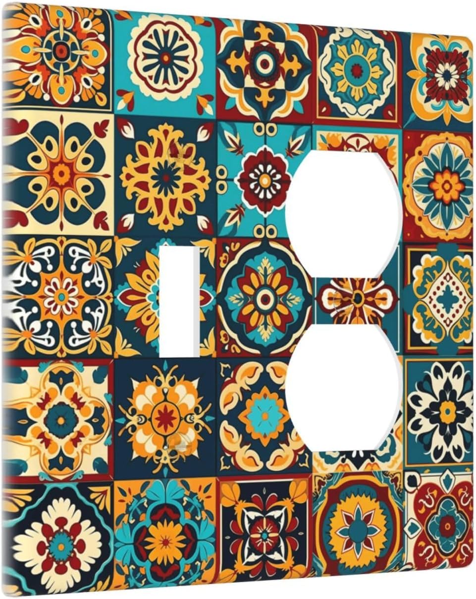 Mexican Talavera Ceramic Tile Moroccan Boho Wallplates 1 Toggle 1 Duplex Switch Plate Electrical GFCI Faceplate Decorative Light Switch Covers for Bathroom Kitchen Decor