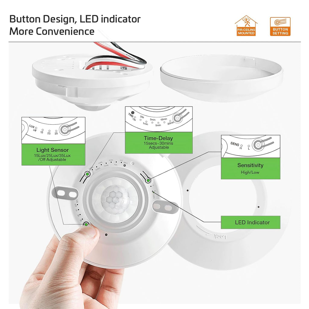 RAYZEEK 360 Degree Ceiling Mount Occupancy Sensor Switch, 5A,120V, High Sensitive Ceiling Motion Sensor,1600 Sq Ft Coverage, Commercial or Residential Automatic Sensing Solution,Neutral Wire Required