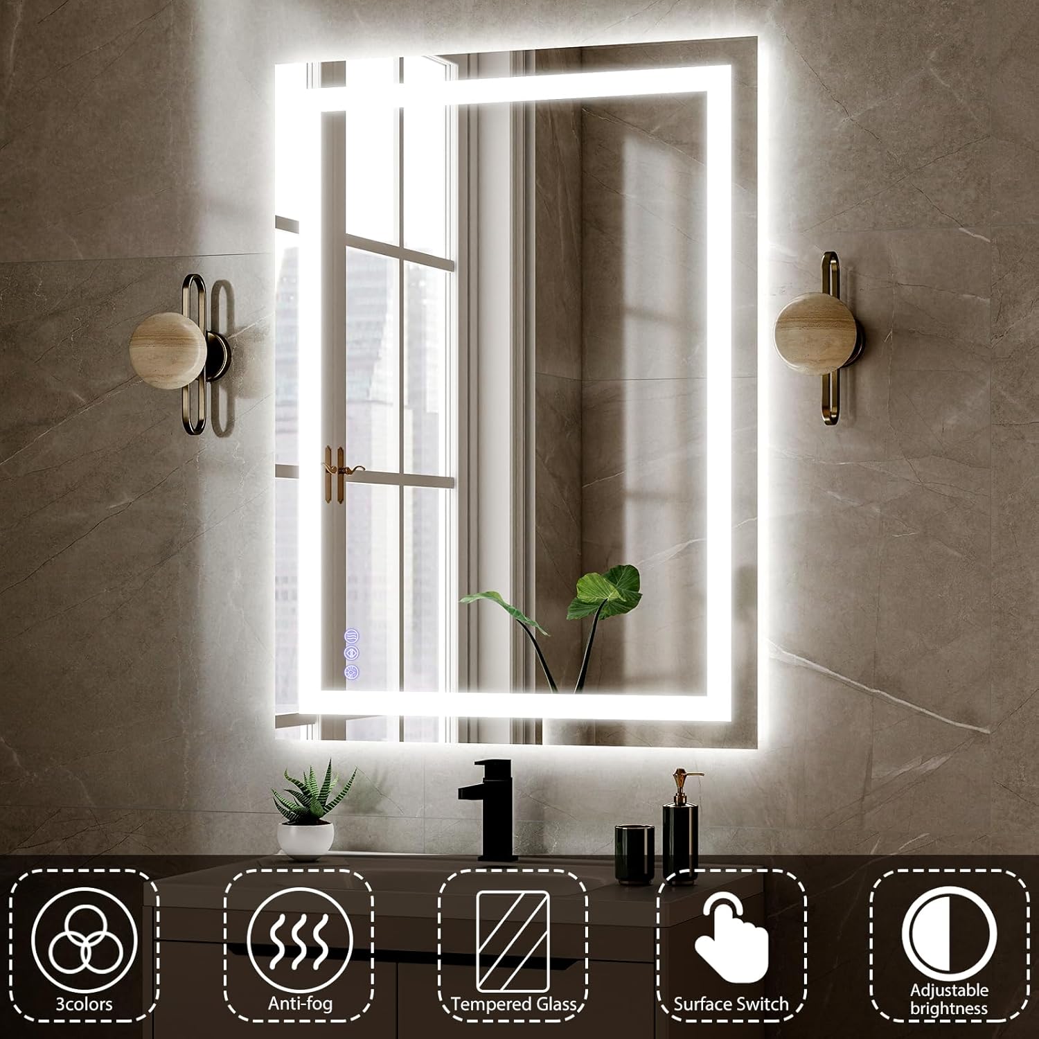 VooBang Bathroom Mirror with Lights 36 x 55 inches - 3 Adjustable Lighting Modes LED Bathroom Vanity Mirror, Anti-Fog, Memory Function, Tempered Glass, Wall Mounted Horizontally Vertically