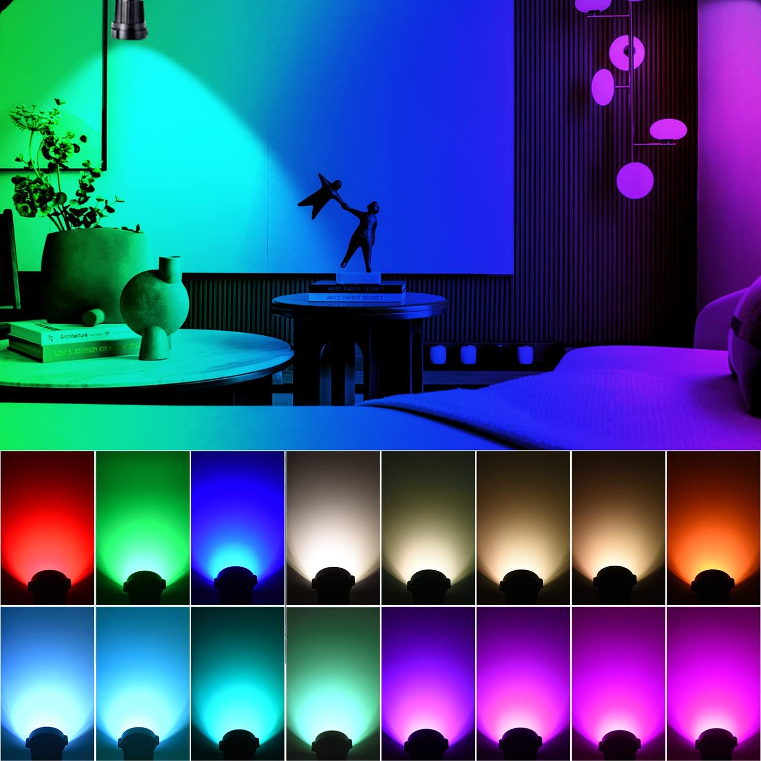 Christmas Spot Lights Indoor, 5W RGBW Uplighting 16 Color Changing Up Lights Indoor with Remote Control, Plant Spotlight Decorative (2 Pack with Base and Stake)