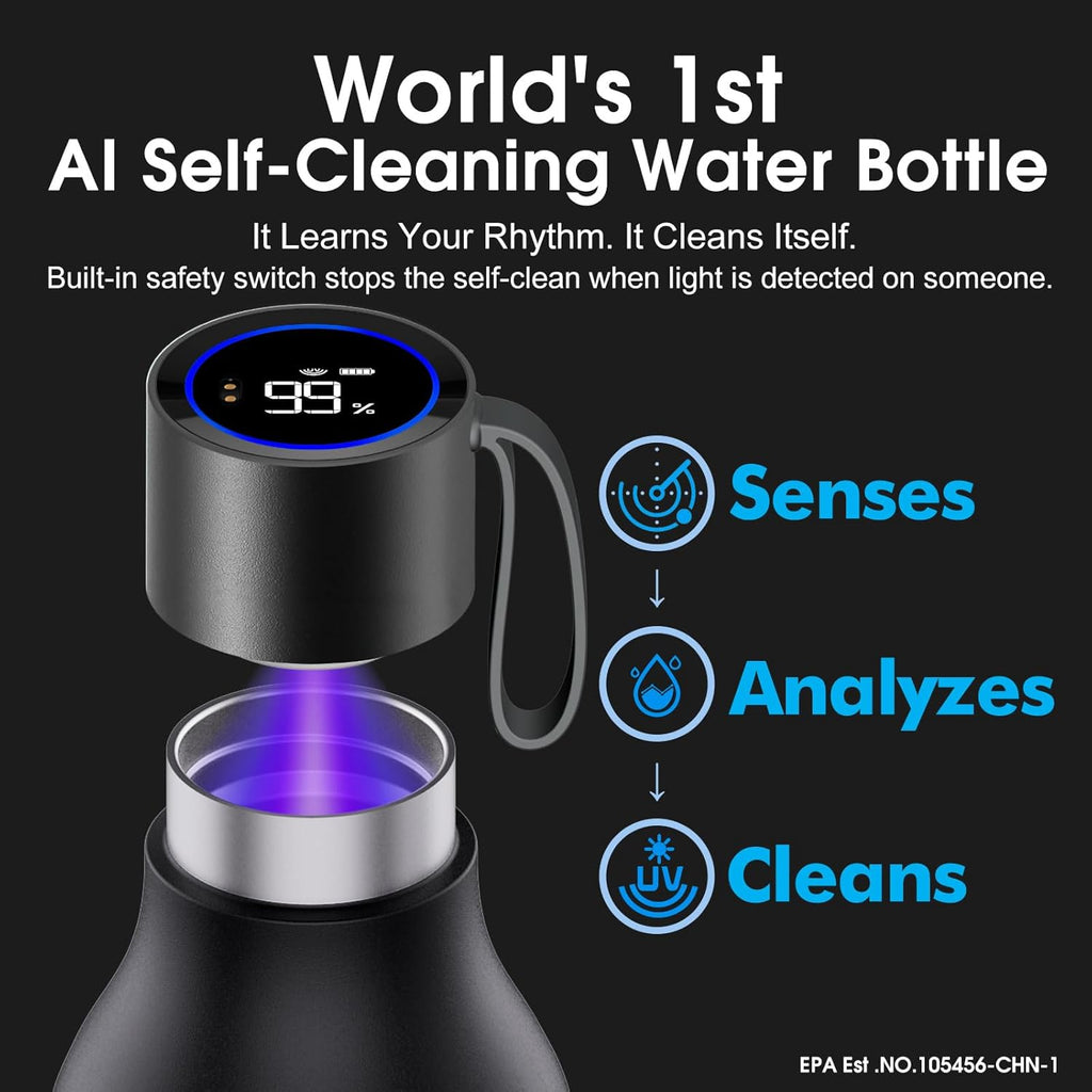 VSITOO 33oz Smart Self Cleaning Water Bottle，Insulated Water Bottle with Stainless Steel, BPA-Free, AI Self-Clean, 30-Day Battery, Magnetic Charging for Travel, Gym or Office, Black